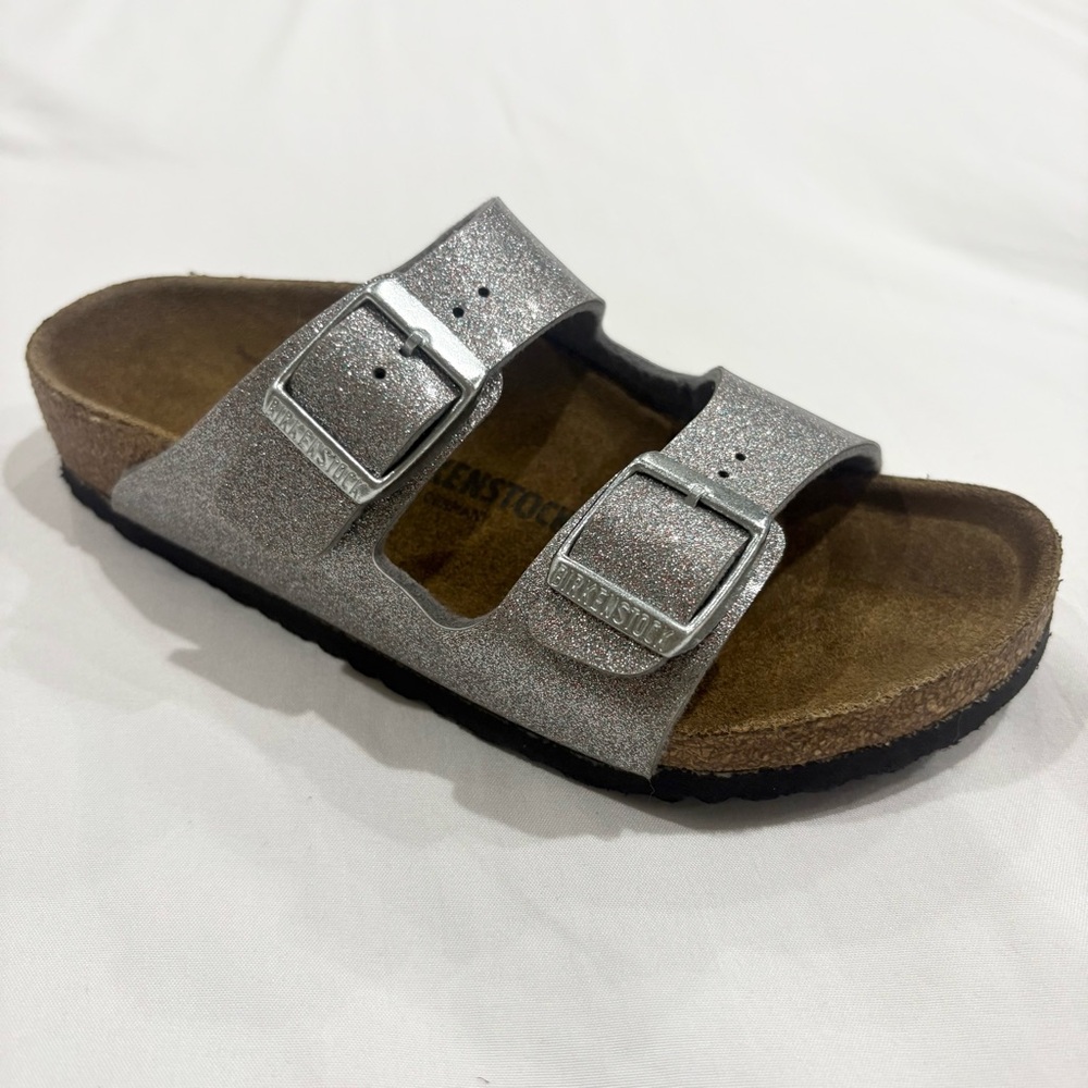 Birkenstock Arizona Kids 32 Silver Glitter Sandals Double Strap Cork Footbed